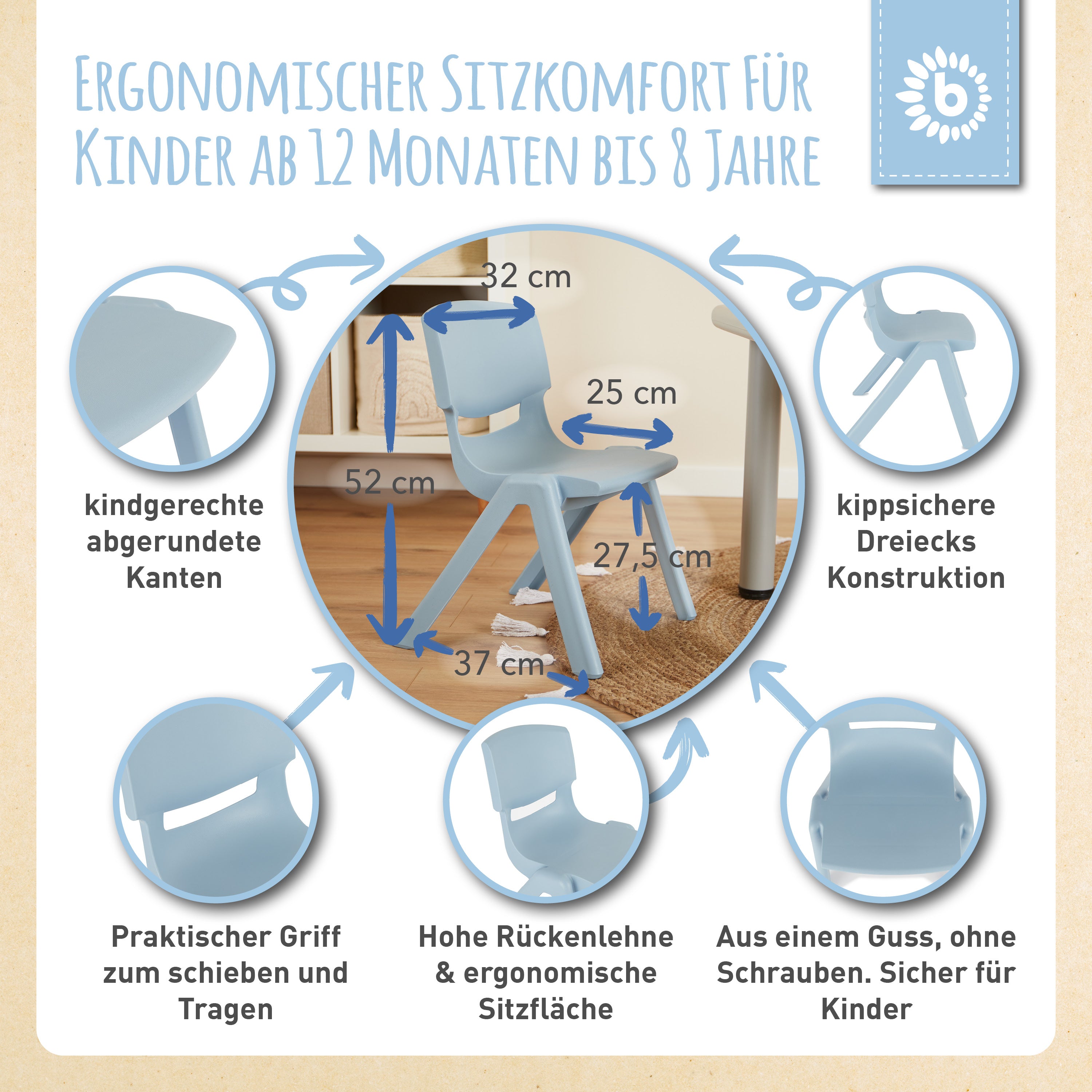 1x Kindertisch Silver + 2x Kinderstuhl Hazy Blue