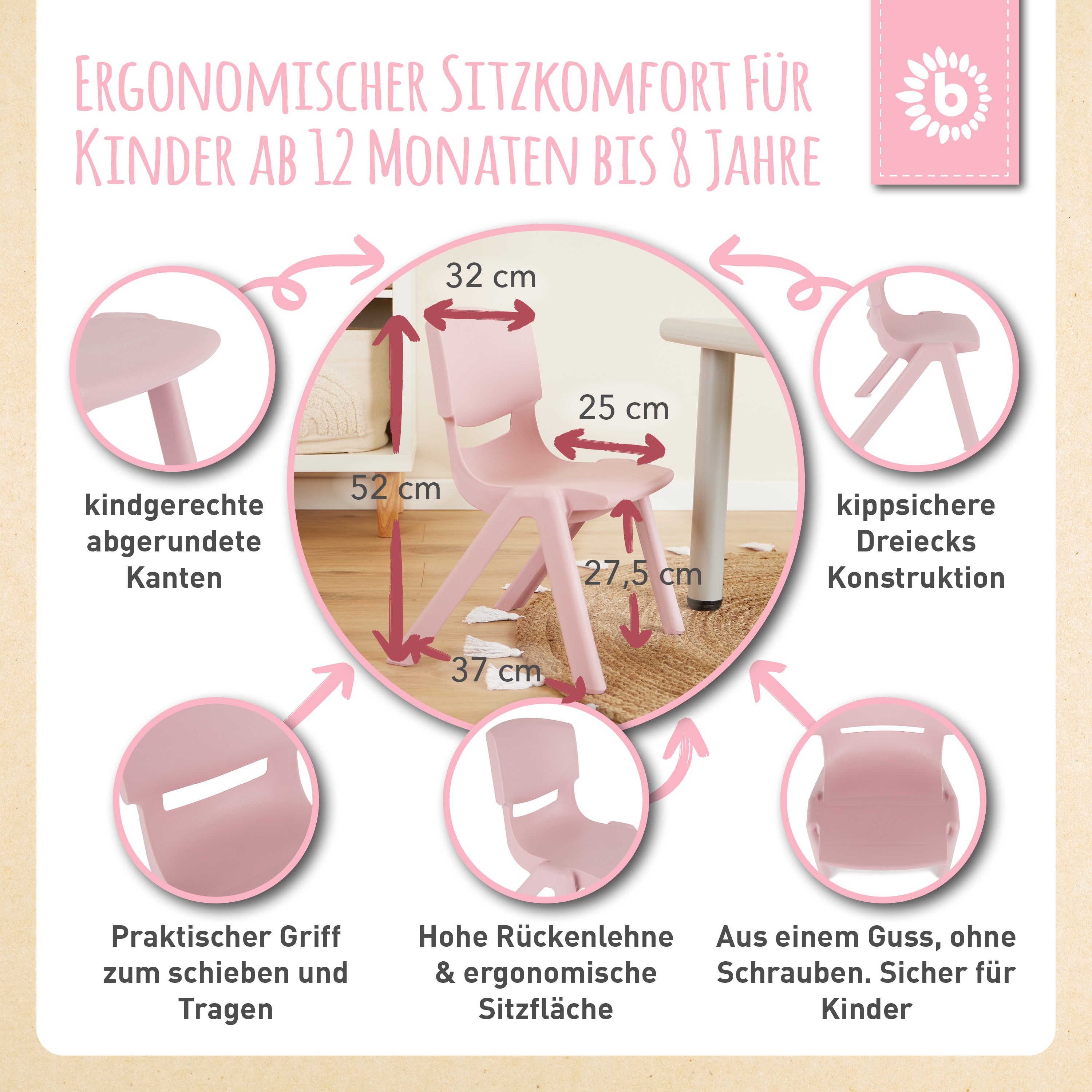 1x Kindertisch Silver & 4x Kinderstuhl Dreamy Rose