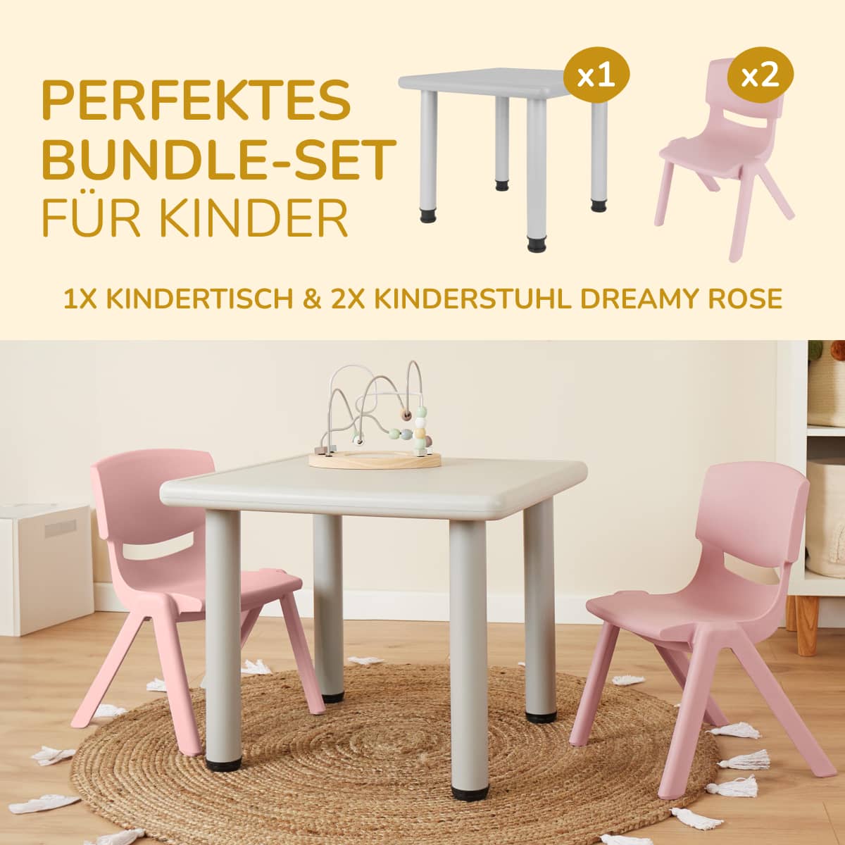 1x Kindertisch Silver & 2x Kinderstuhl Dreamy Rose