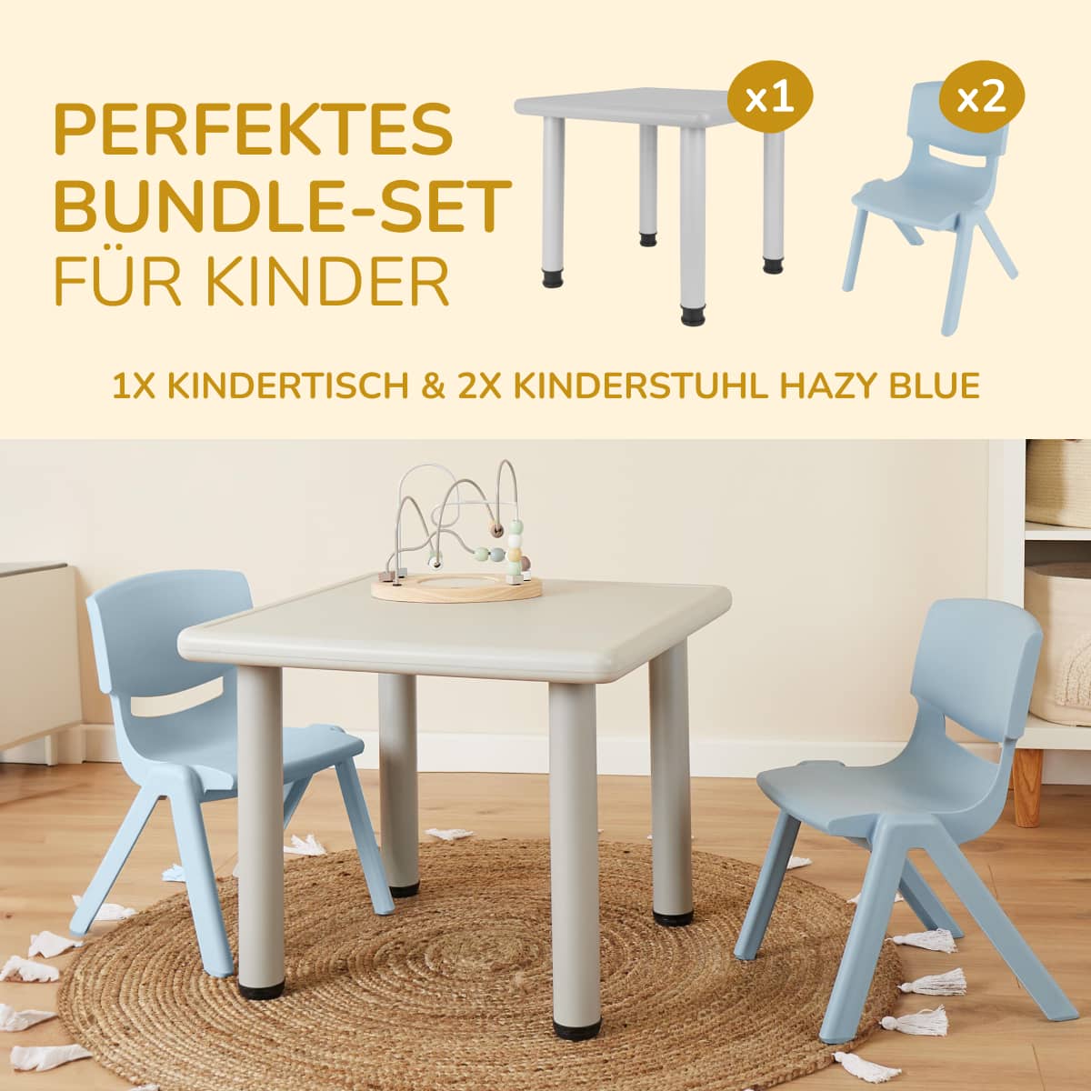 1x Kindertisch Silver + 2x Kinderstuhl Hazy Blue