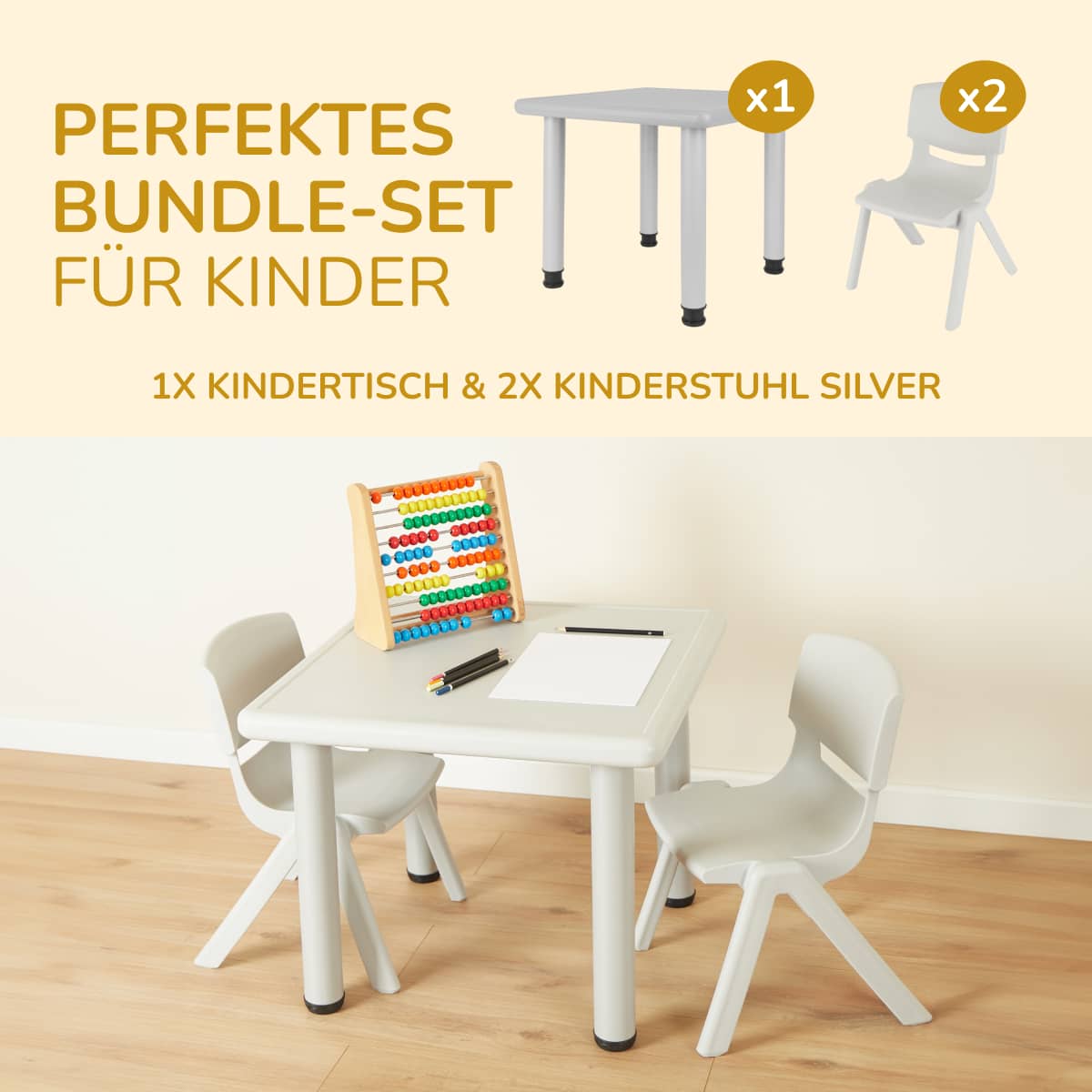 1x Kindertisch & 2x Kinderstuhl Silver