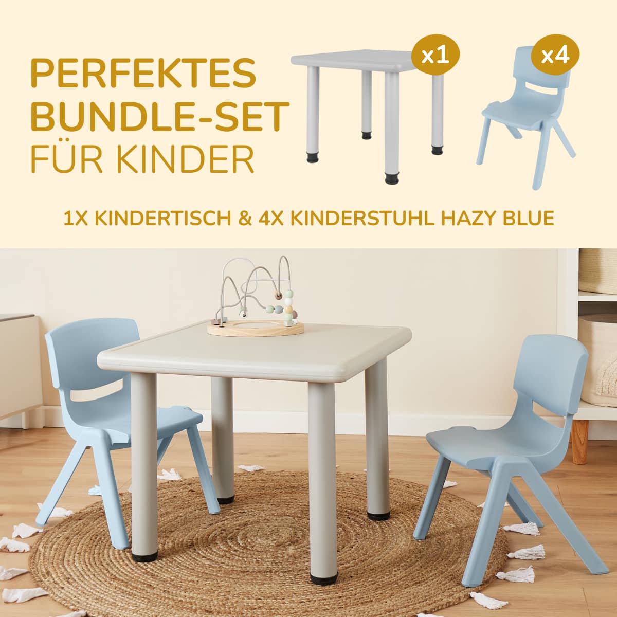 1x Kindertisch Silver + 4x Kinderstuhl Hazy Blue